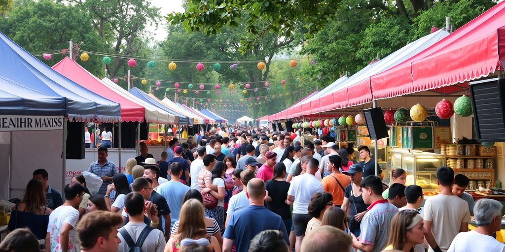 Outdoor event with crowd, music, and colorful tents.