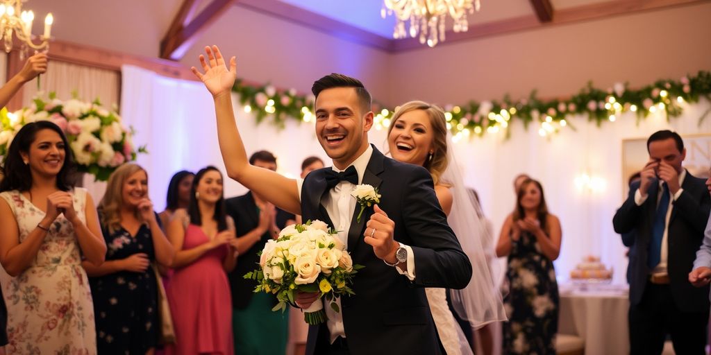 Happy couple dancing at their wedding
