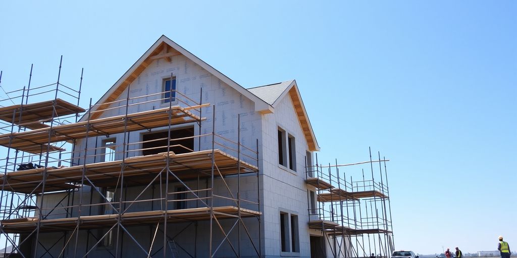 Construction site with partially built house and scaffolding.
