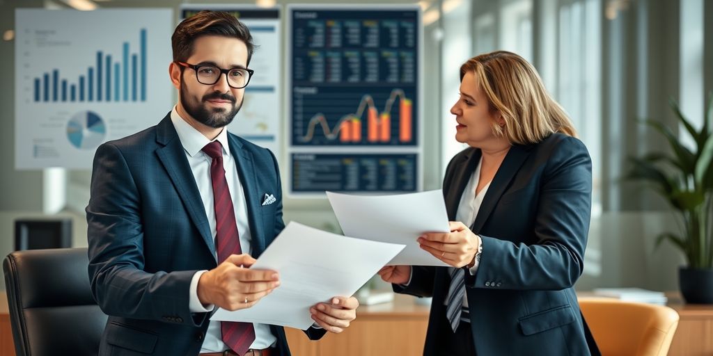 Businessperson consulting with tax advisor in office