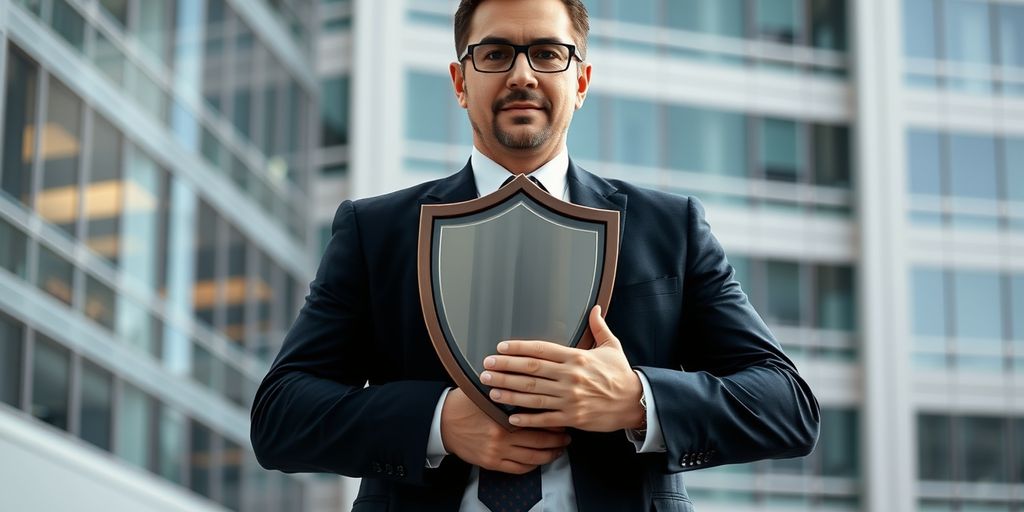 Businessperson with shield in front of office building