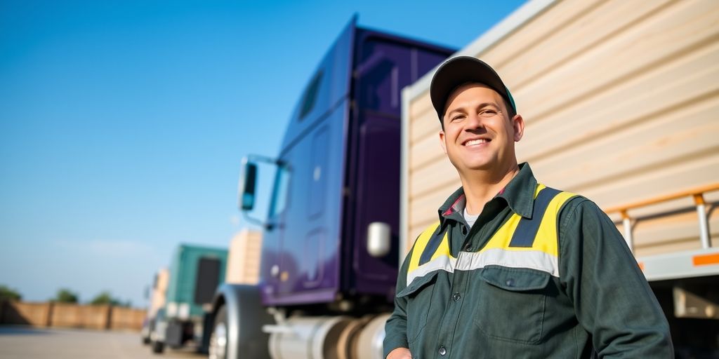 Truck driver beside cargo truck under blue sky