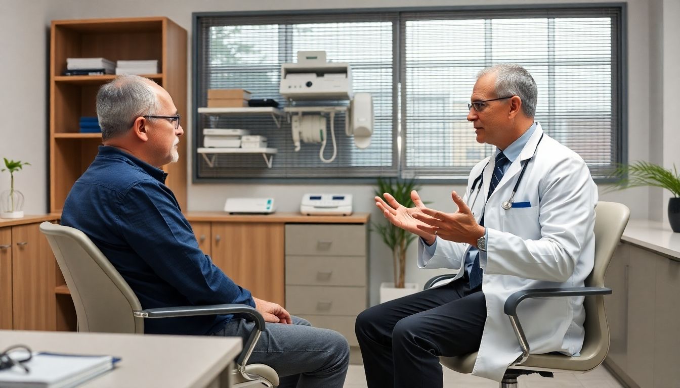 Laminektomie: Arzt und Patient besprechen Rückenoperation in heller Praxis.