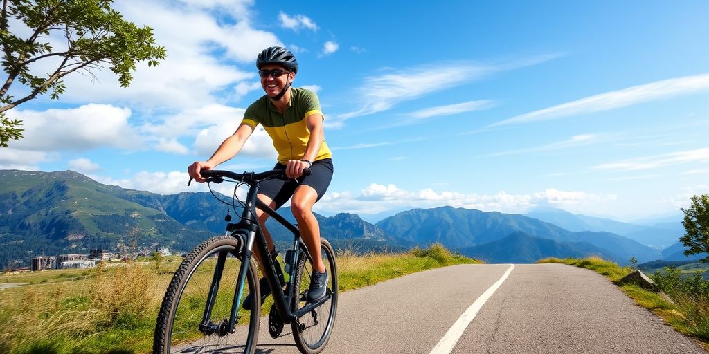 Cyclist riding bike on scenic mountain path