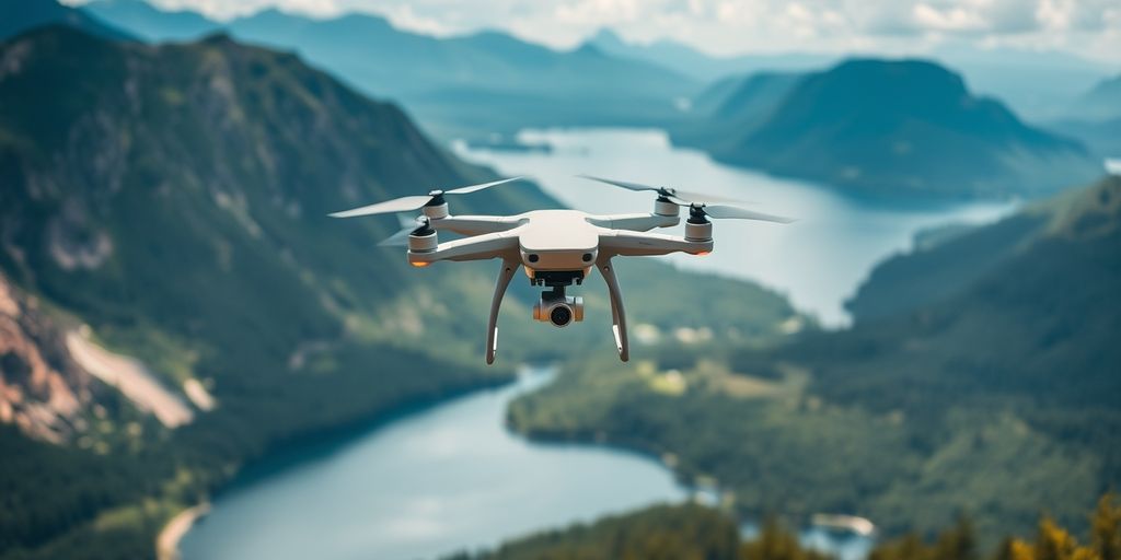Drone flying over scenic mountains and lake