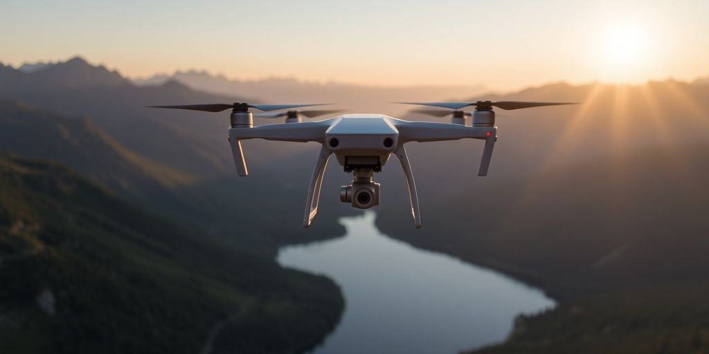 Drone flying over scenic landscape at sunset