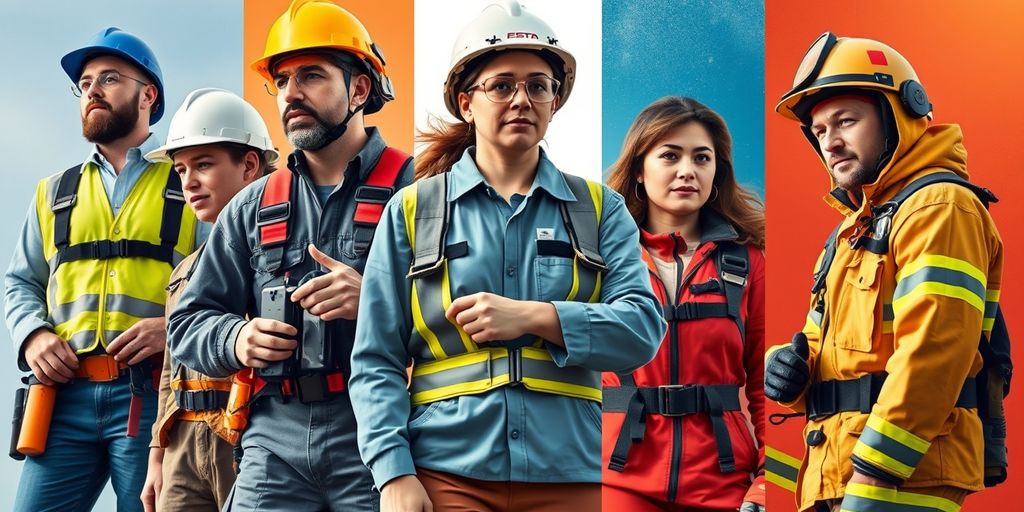 Workers in high-risk professions with safety gear