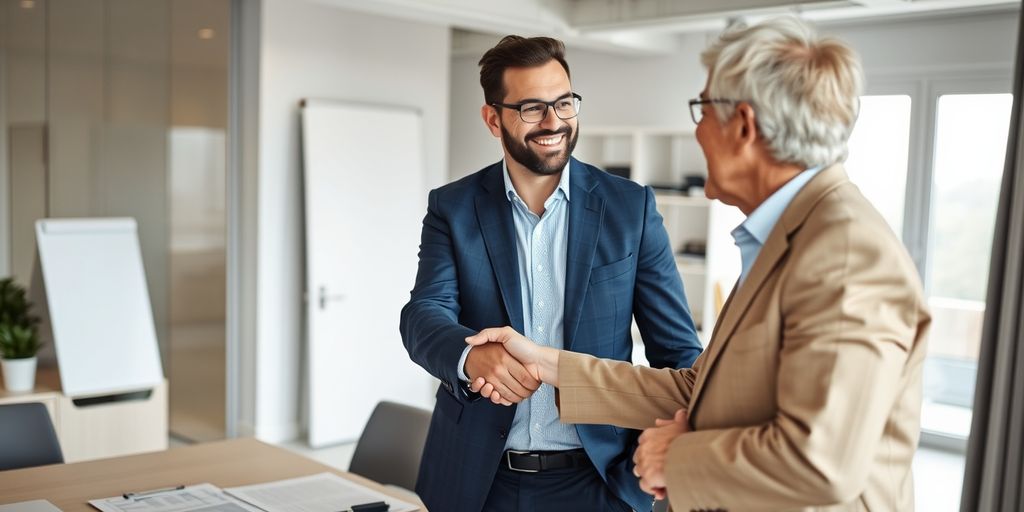 Insurance broker shaking hands with client in office