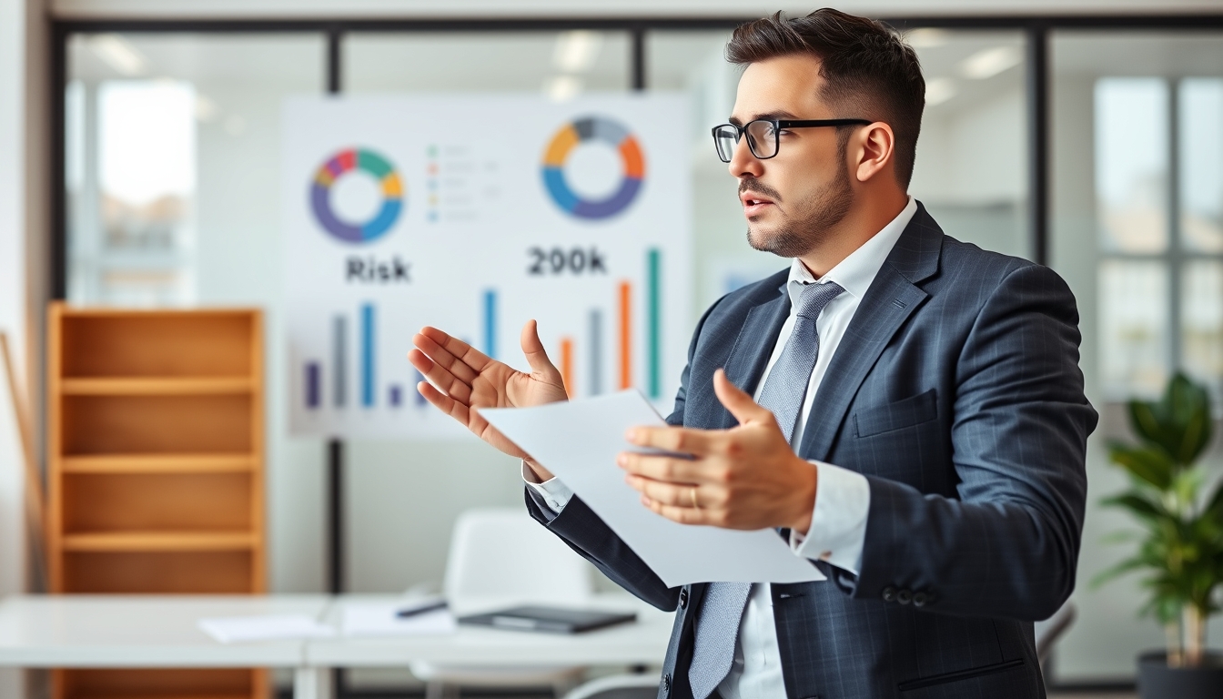 Business executive discussing strategies in a modern office.