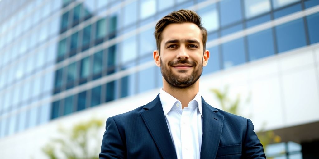 Business executive in front of office building