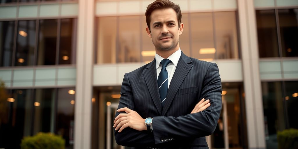 Business executive in front of office building