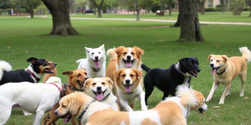 Various dog breeds playing in a park