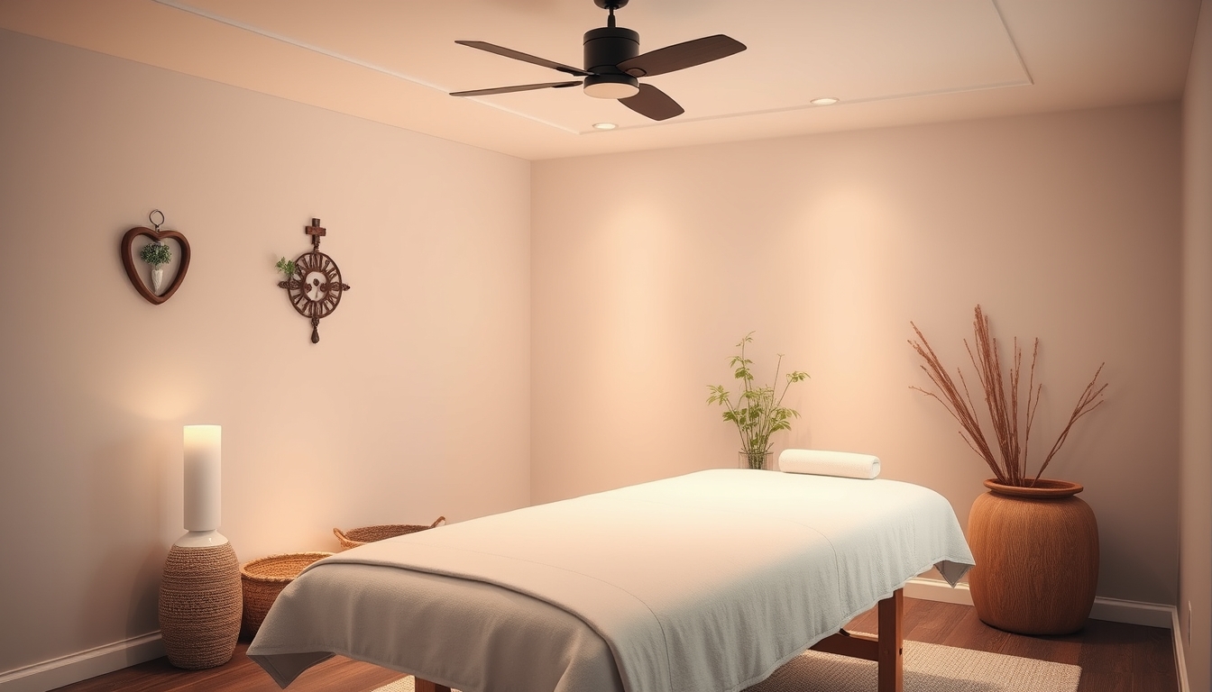 Cozy treatment room for holistic healing therapies.