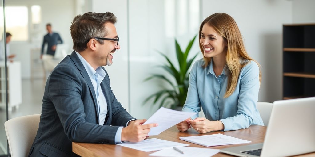 Insurance agent with client in office