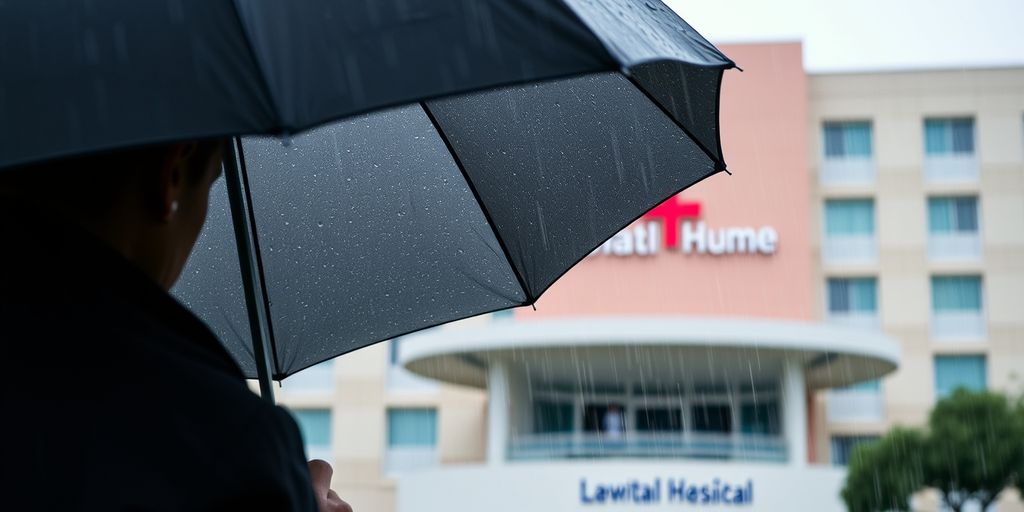 Person with umbrella near hospital in rain
