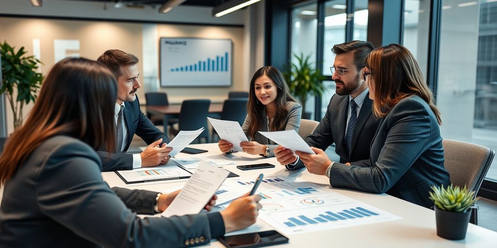 Professionals discussing insurance policies in a meeting