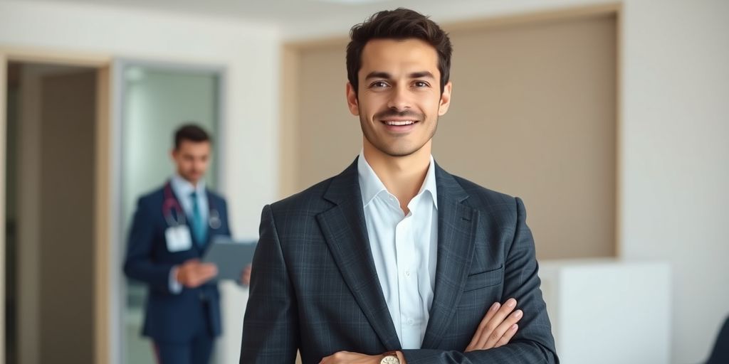 Businessperson with doctor in office background