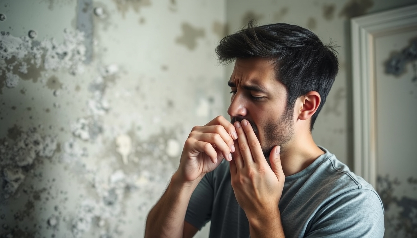 Person coughing in a moldy room.