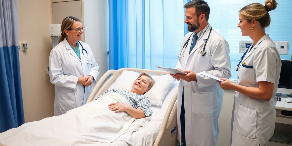 Hospital room with patient, doctor, and nurse.