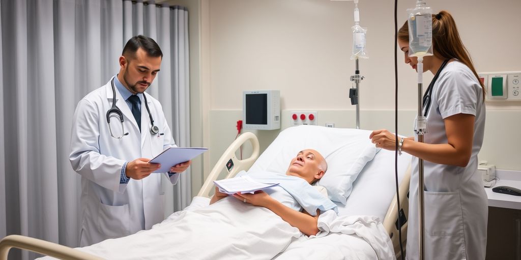 Hospital room with patient, doctor, and nurse