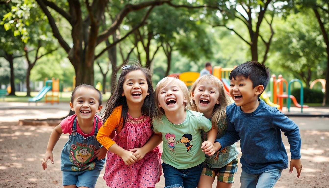 Children playing joyfully in a park.