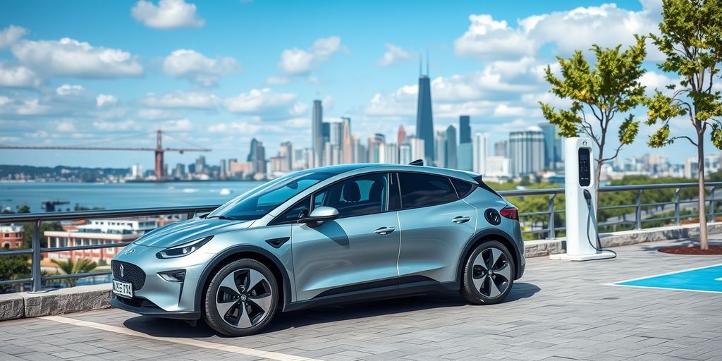Electric car at charging station in city