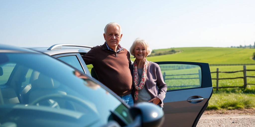 Elderly couple with car in countryside