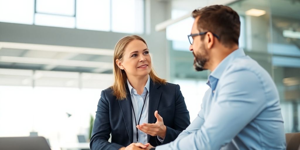 Berater und Klient sprechen in einem hellen Büro.