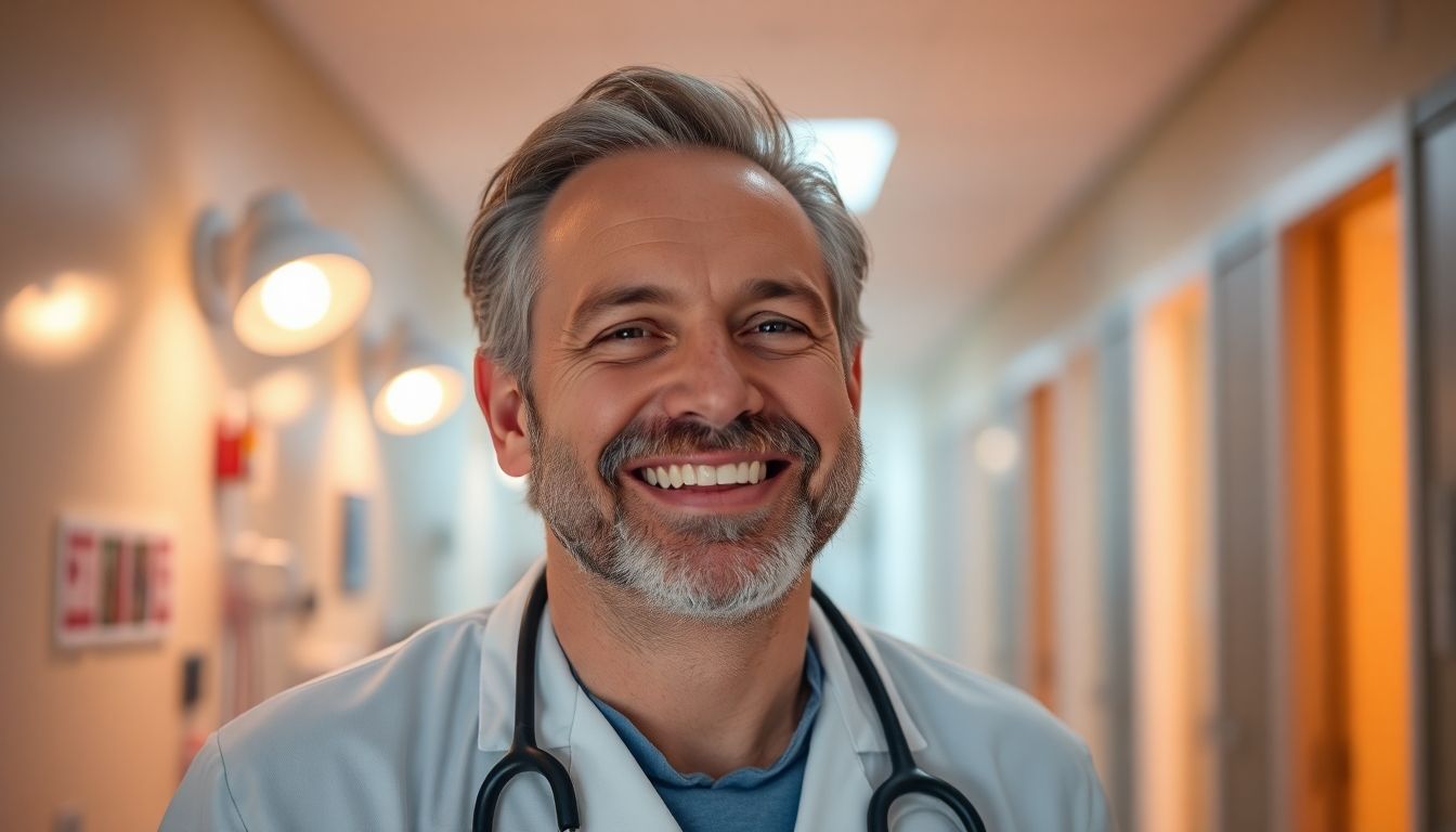 Lebertransplantation: Arzt lächelt in heller Krankenhausumgebung.