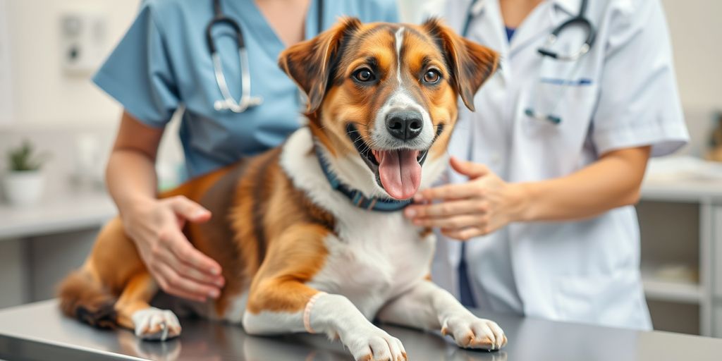 Dog with bandaged paw at vet clinic