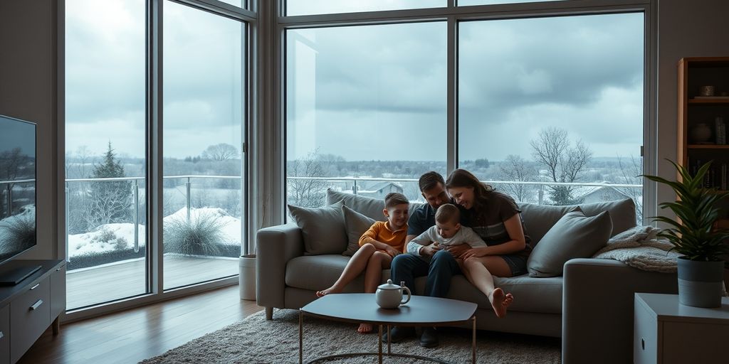 Family in living room during storm