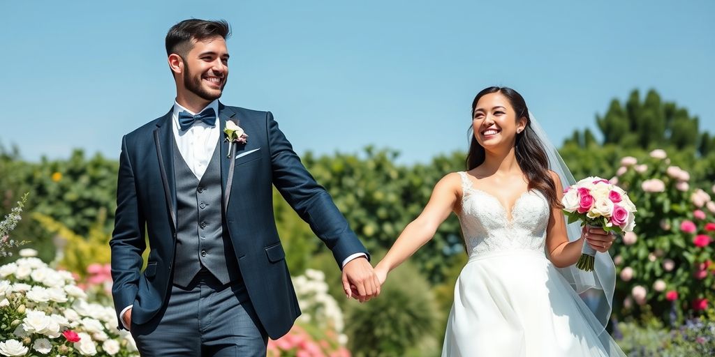 Newlywed couple in a garden