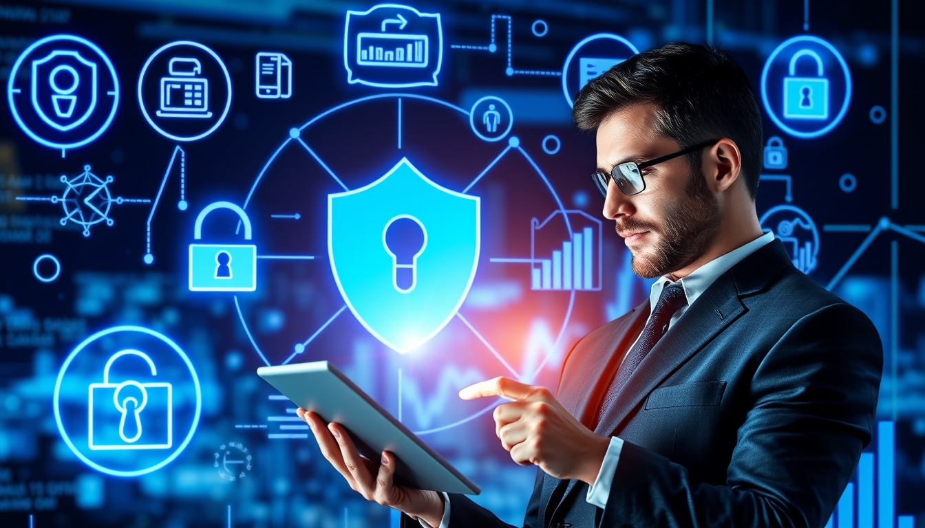 Businessman assessing IT insurance and cybersecurity risks.