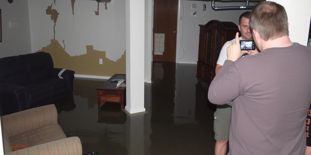 Flooded basement with water damage and person documenting
