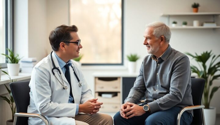 Künstlicher Darmausgang: Arzt spricht mit Patient über Stoma in heller Praxis.