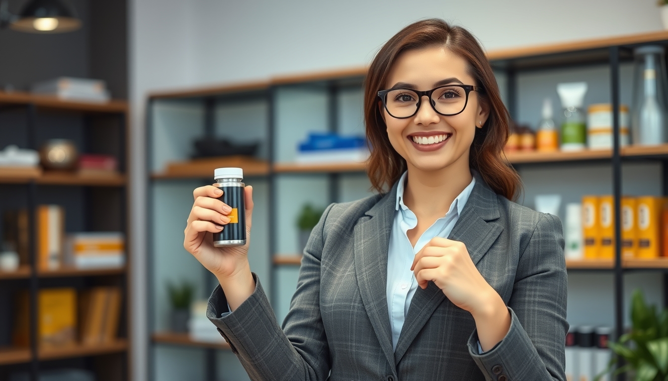 Business owner with product in a modern office.