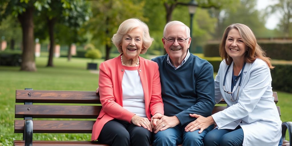 Elderly couple with caregiver in a park.