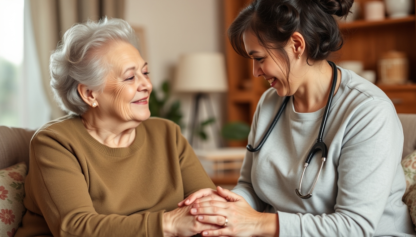 Senior receiving loving care from a caregiver.