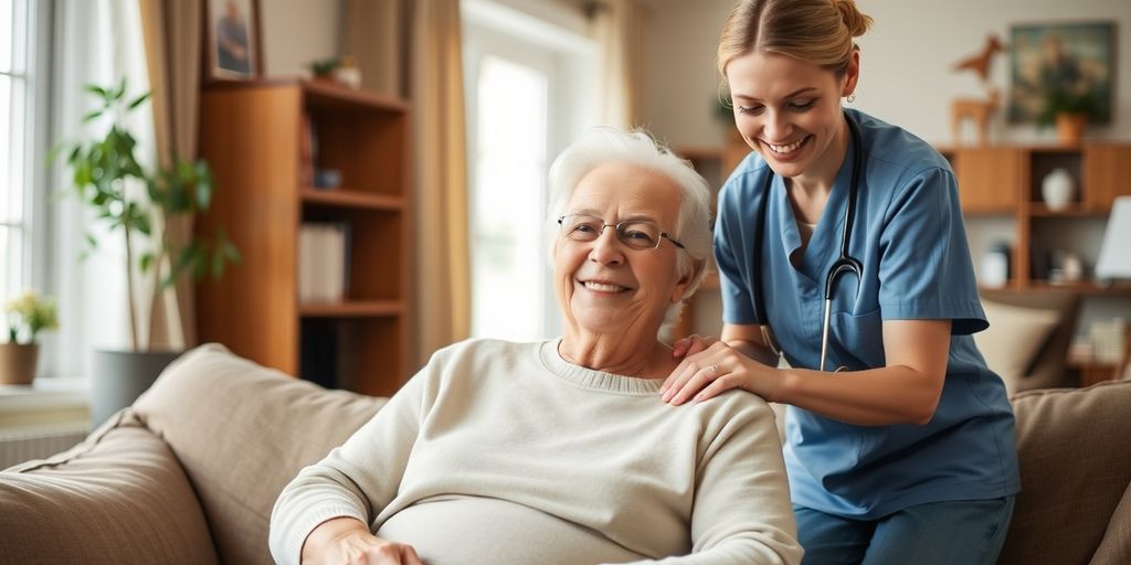 Elderly couple with caregiver in living room