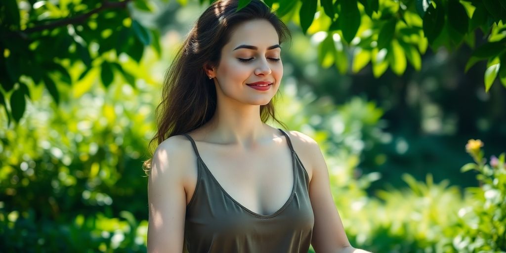 Ayurveda: Frau meditiert friedlich im Lotussitz im Grünen.