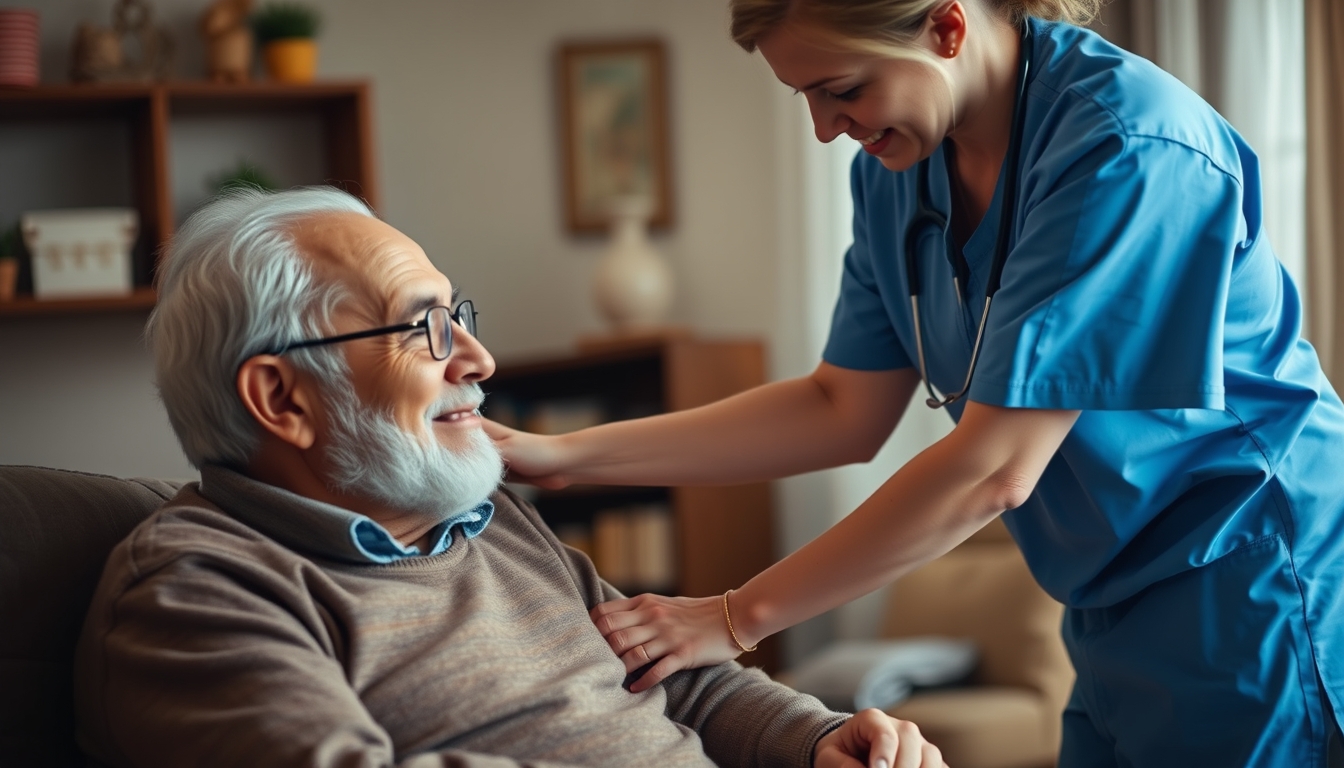Caregiver helping elderly man at home.