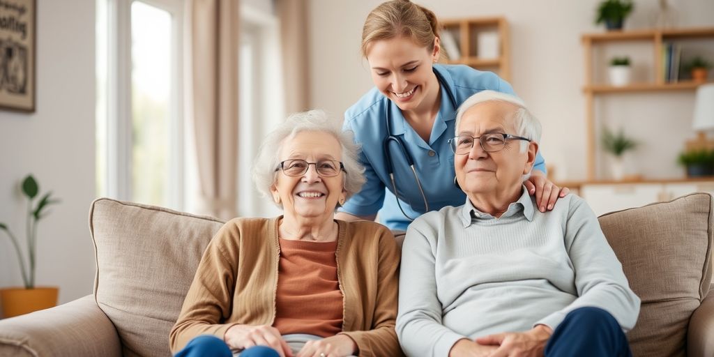 Elderly couple with caregiver in cozy living room.
