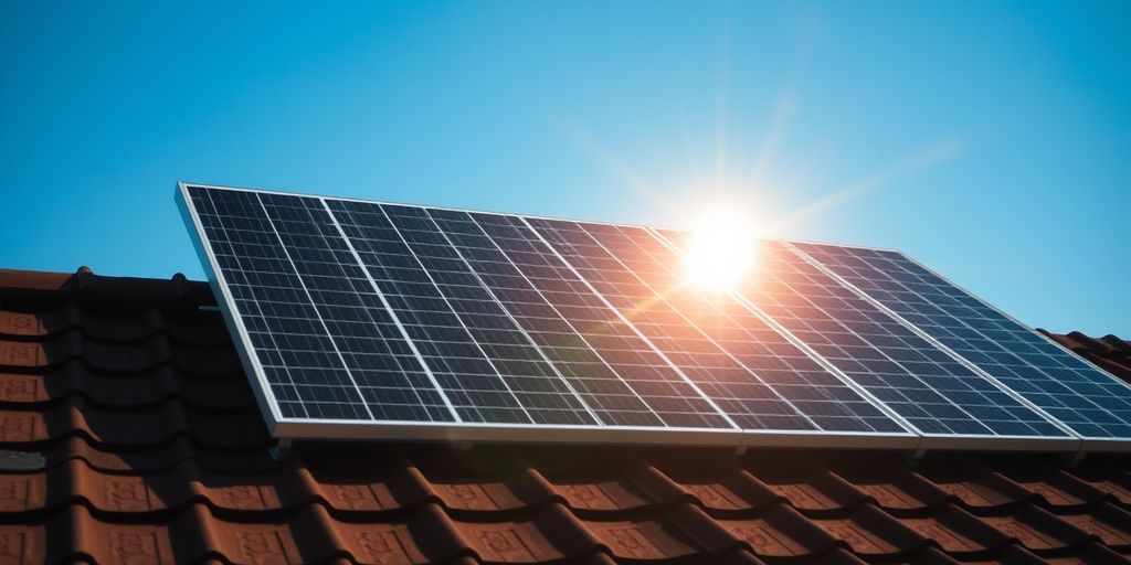 Rooftop solar panels under a bright sun