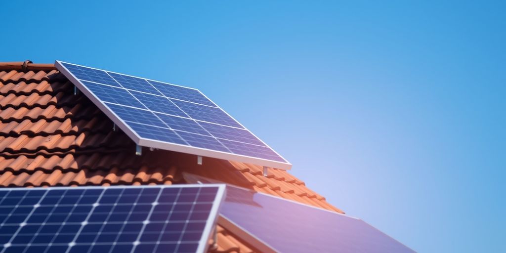 Rooftop solar panels under clear sky