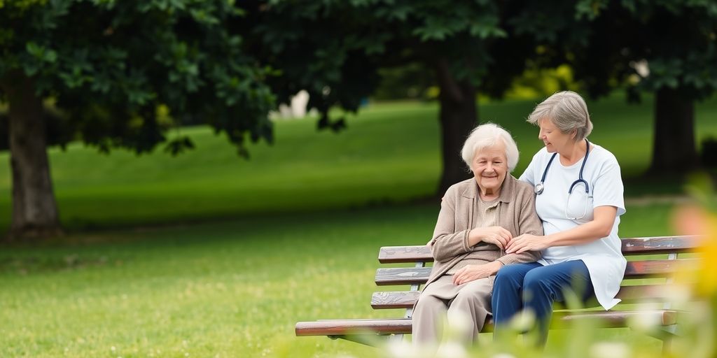 Elderly couple with caregiver in a park