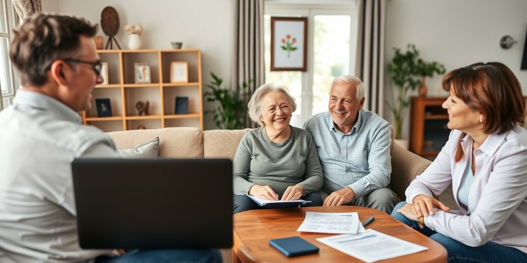 Elderly couple with advisor discussing insurance options