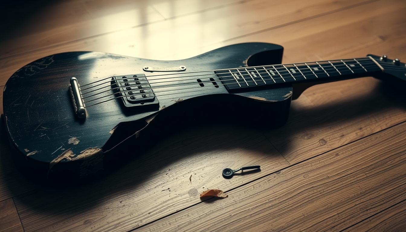 Damaged guitar on a wooden floor.