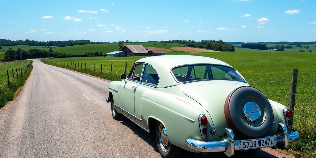 Vintage car on countryside road