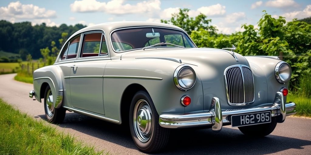 Vintage car on scenic road with clear sky