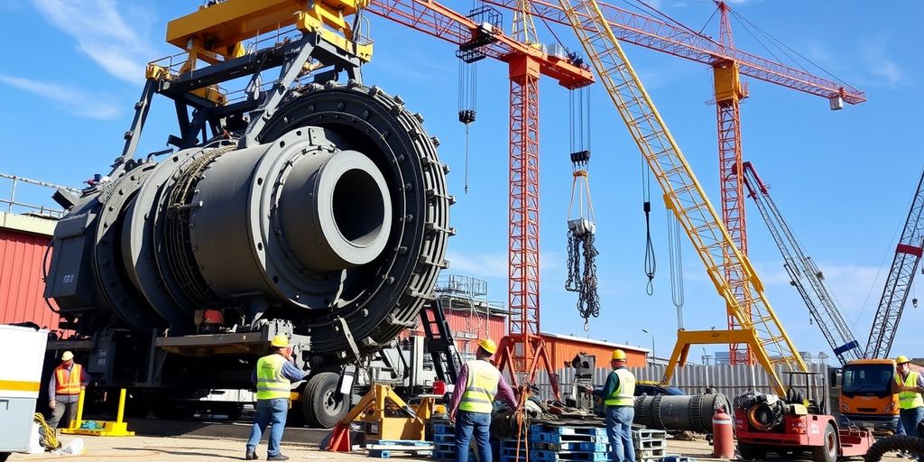 Workers assembling machinery at a construction site